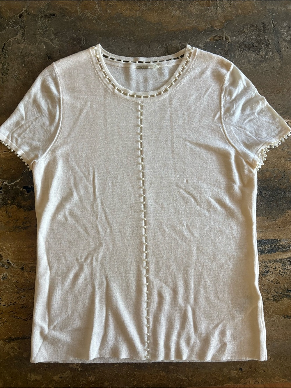 Elie Tahari Cream Short-Sleeve Knit Top with Center Trim